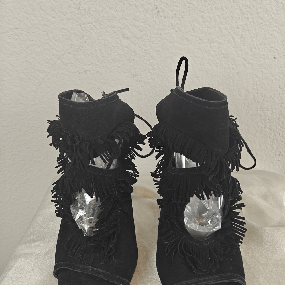 Aquazzura Sexy Fringe 105 Black Suede Cutout Sandal Heels 37.5/7.5 Women's - Picture 6 of 15